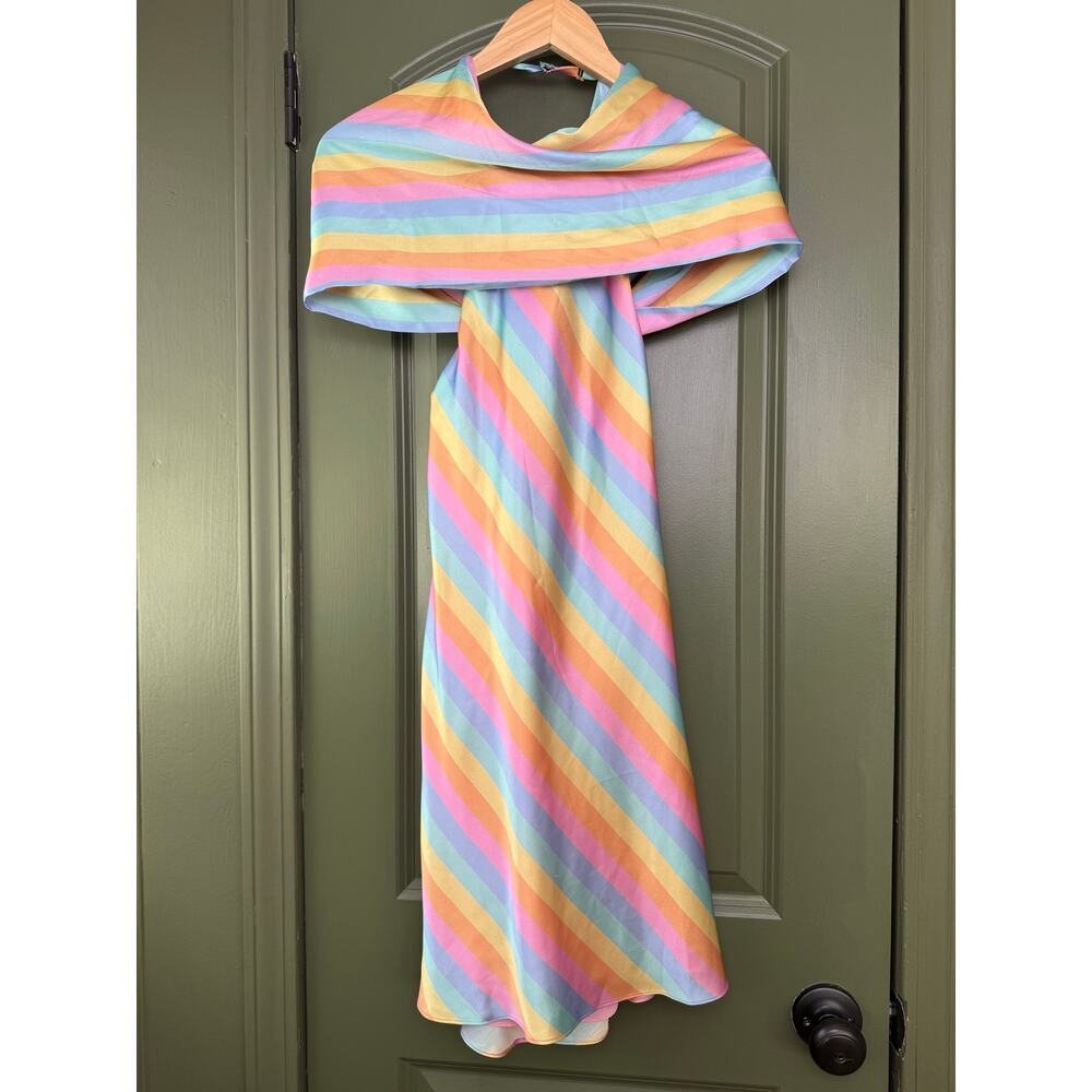 NWT Saylor Appolonia Rainbow Bias Satin Stripe Halter Resort Midi Dress Small